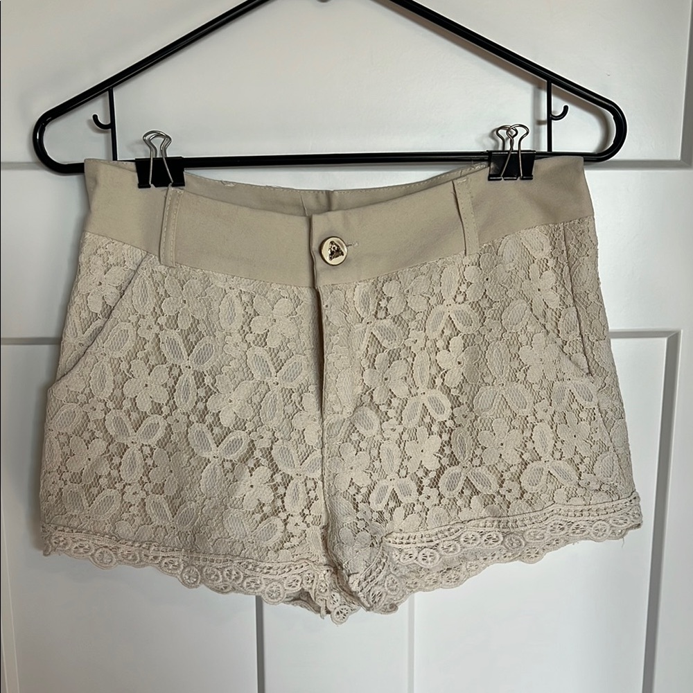 Cream High Waist Lace Shorts with Floral Overlay